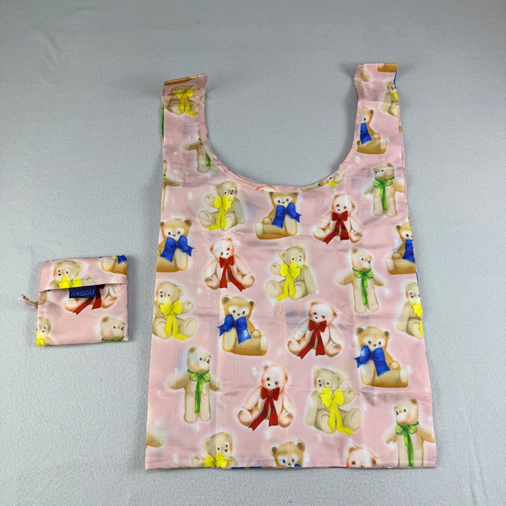 BAGGU Standard Reusable Bag Pink Teddy Bear Bows Ripstop Nylon Tote Foldable